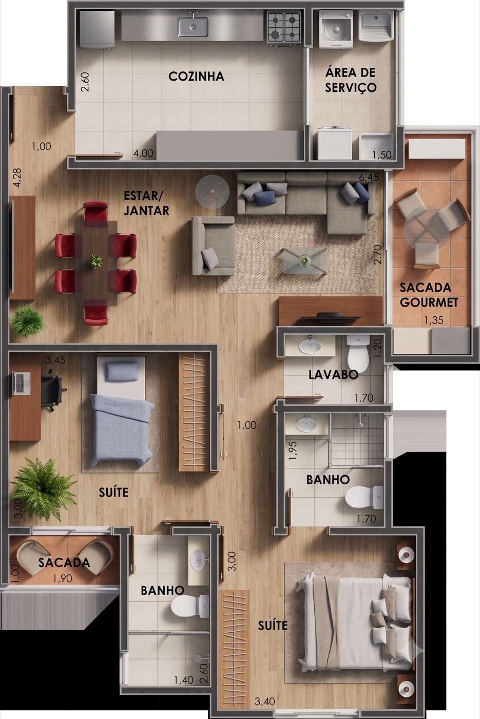 Planta humanizada do apartamento de 83m² com dois dormitórios